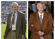 In this photo combo, at left, in an Oct. 8, 2011 file photo, Penn State president Graham Spanier walks on the field before an NCAA college football game in State College, Pa. At right, former Penn State University assistant football coach Jerry Sandusky leaves the Centre County Courthouse in custody after being found guilty of multiple charges of child sexual abuse in Bellefonte, Pa., Friday, June 22, 2012. A potentially explosive report into whether football coach Joe Paterno and other top Penn State officials took steps to conceal that Sandusky was a child molester will be released Thursday _ online for all to see, officials said Tuesday, July 10, 2012. (AP Photo/Gene J. Puskar, File)