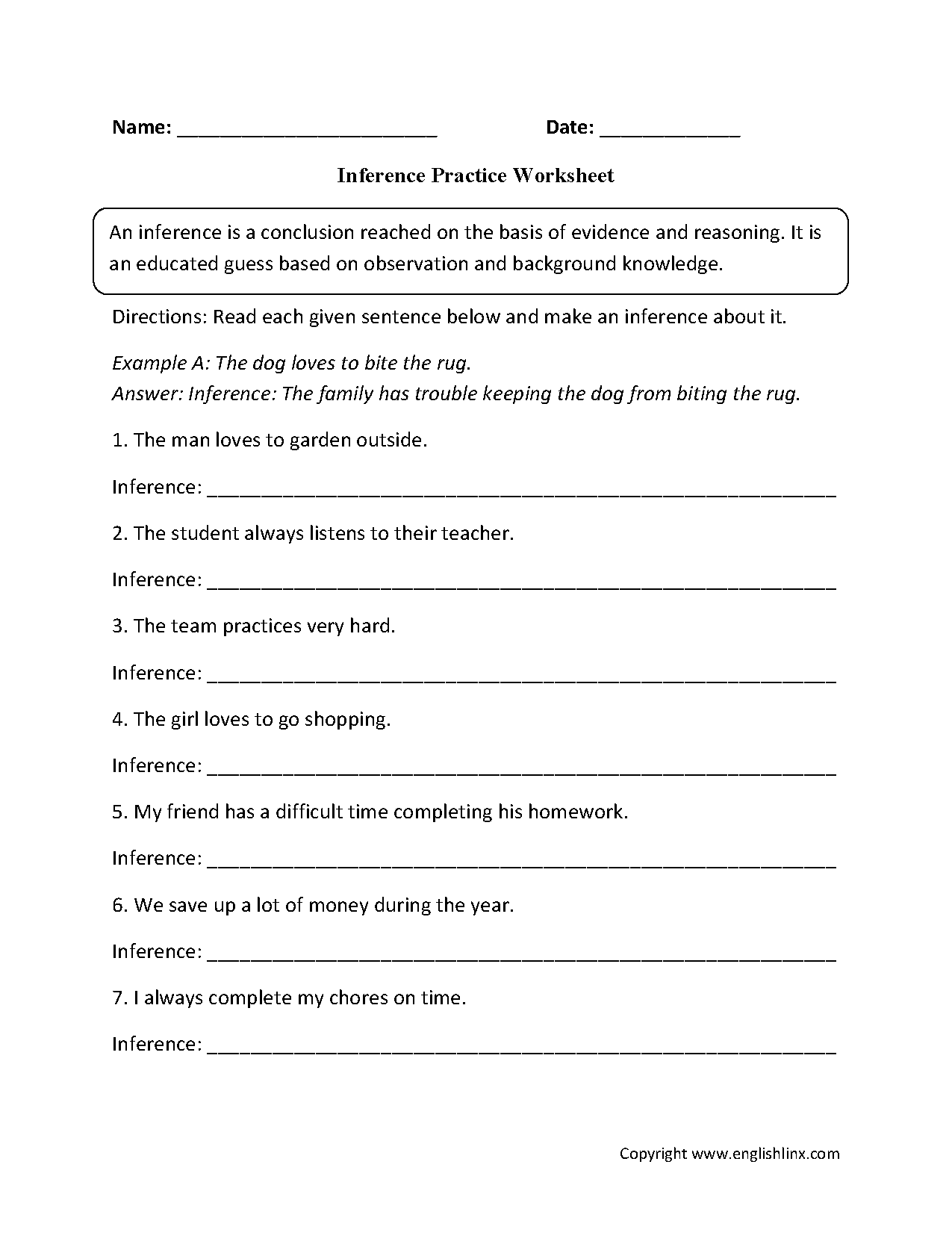 Reading Worksheets Inference Worksheets