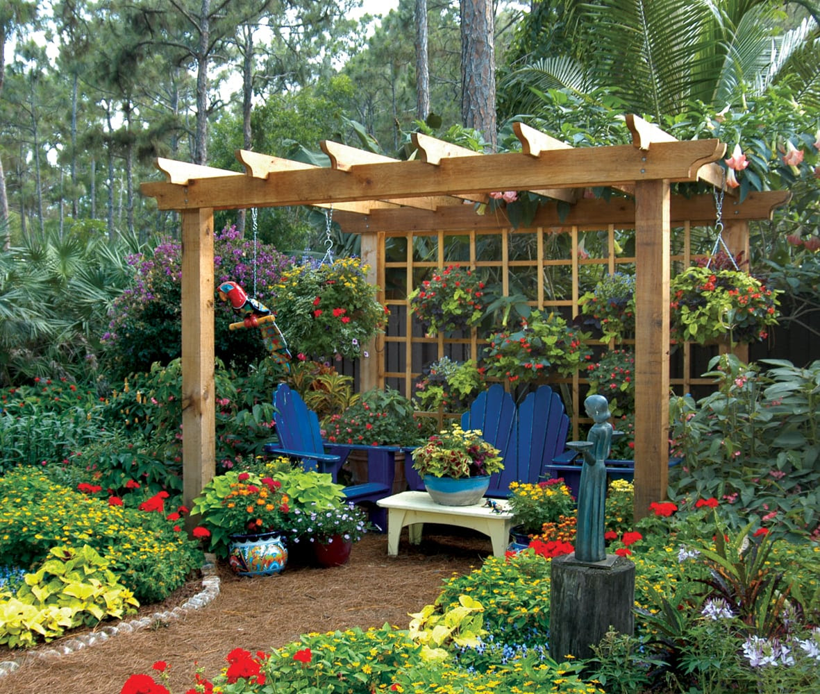 Above: The hanging basket repeats the flower garden theme. Click here 