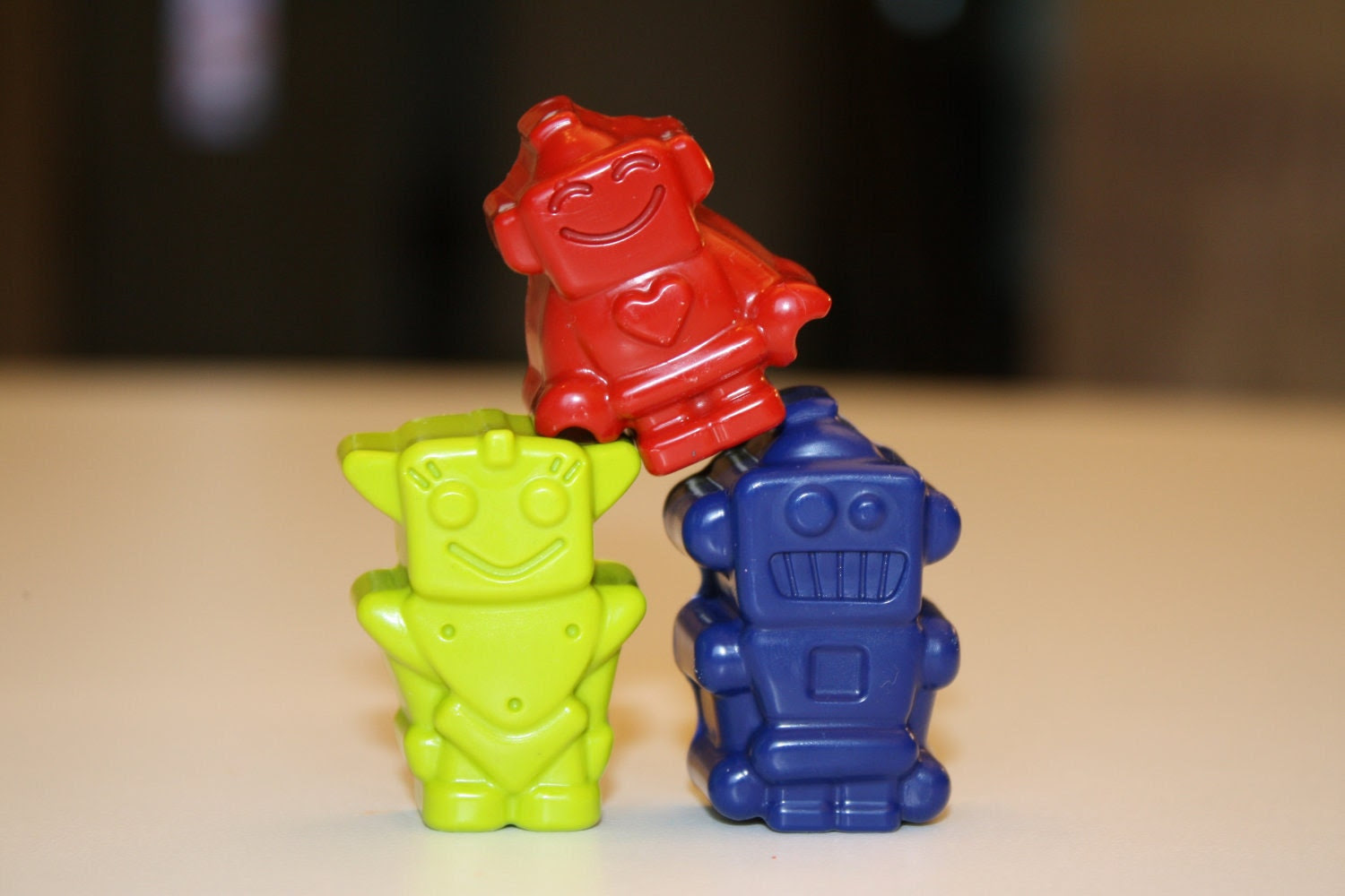 3 robot crayons - in cello bag tied with ribbon