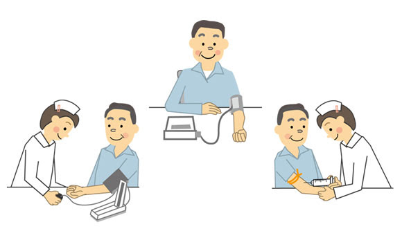 無料素材 健康診断がテーマの可愛いイラストセット 血圧測定や採血に肺活量測定など