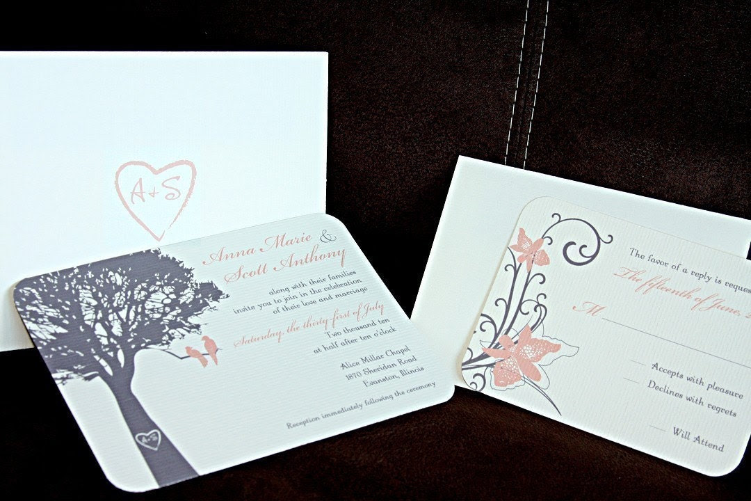 Wedding Invitation Sample, Custom design with Love Birds in a Tree, RSVP card, coordinating envelopes, Brown and Peach color scheme SAMPLE