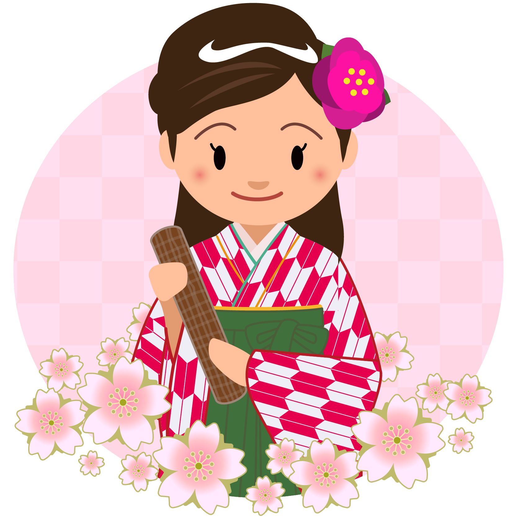 商用フリー 無料イラスト 大学卒業式 袴姿の女の子 矢絣 紅 桜花びらsotsugyo024 商用ok フリー素材集 ナイスなイラスト