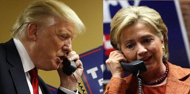Donald Trump y Hillary Clinton con telÃ©fonos en la mano.