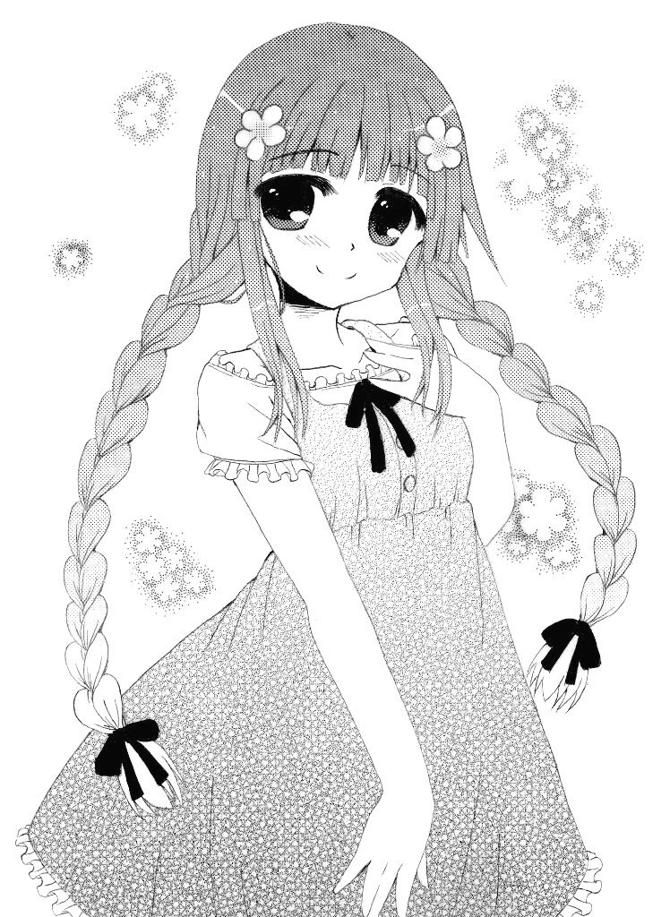 のびのび私の落書き日記 三つ編みの女の子 モノクロ 線画