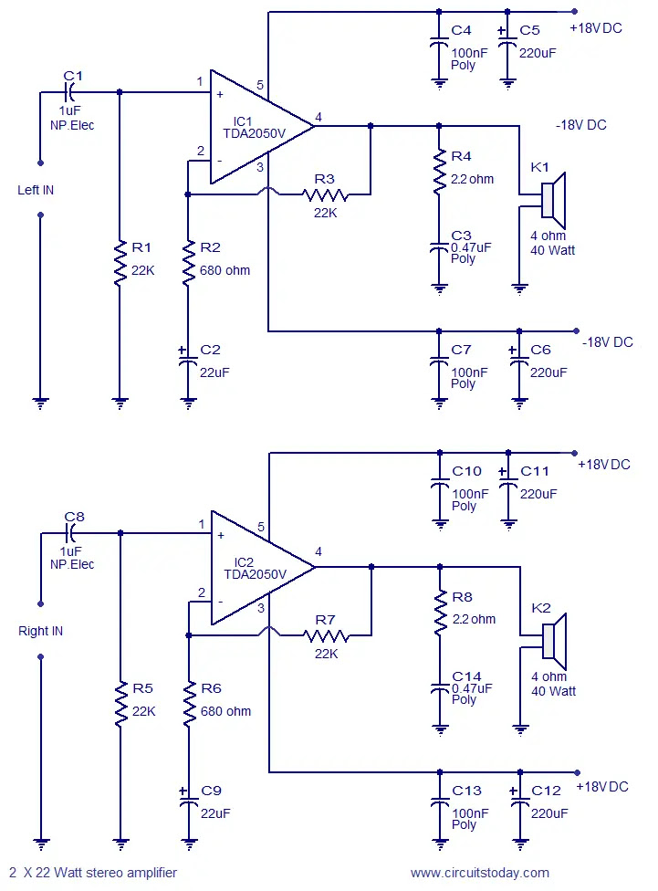 2 x 32 Watt stereo amplifier circuit