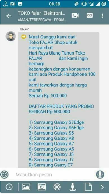  Penipu onlineshop menawarkan produknya dengan broadcast message