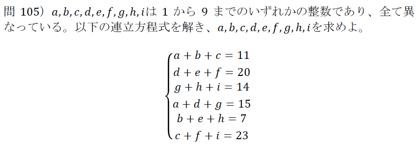 オリジナルの高校数学の問題を掲載していきます 問105 1から9までの整数の連立方程式