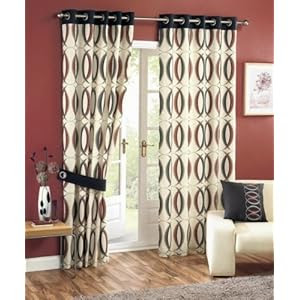 inexpensive Symmetry Cream Red/Black Readymade Eyelet Lined Curtains - 90
