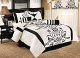 Chezmoi Collection 7 Pieces White with Black Floral Flocking Comforter (86