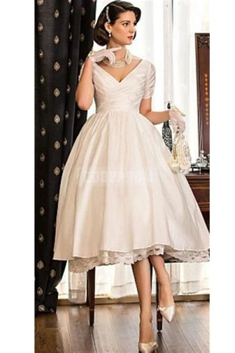 vintage champagne short sleeves knee length wedding dress