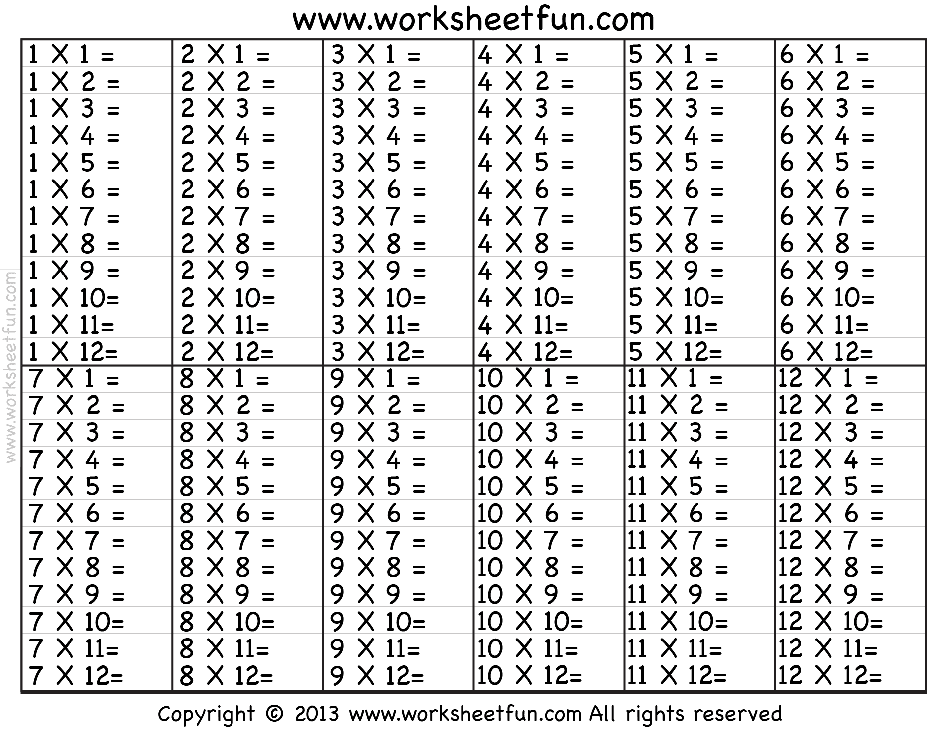 Times Table – 2-12 Worksheets – 1, 2, 3, 4, 5, 6, 7, 8, 9, 10 ...