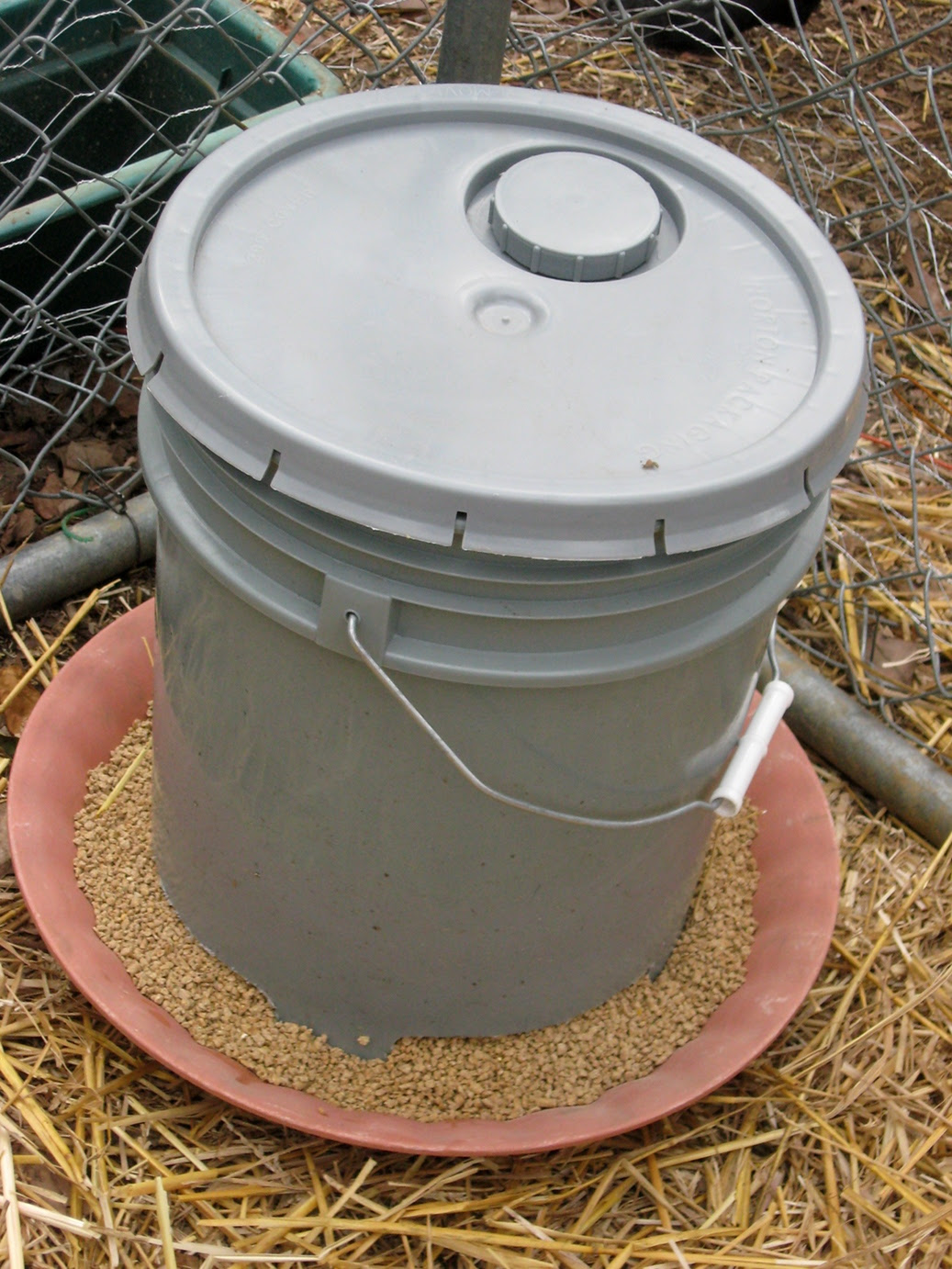  bucket and fastened it to a plant tray to make this chicken feeder