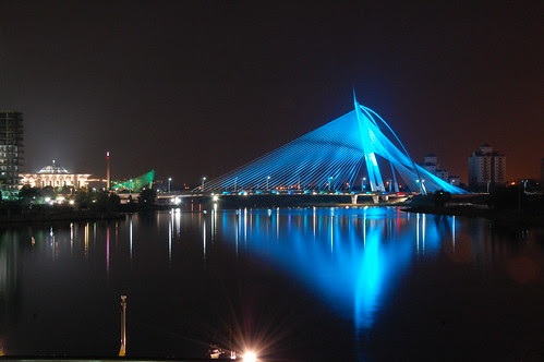 blue bridge lights over Putrajaya