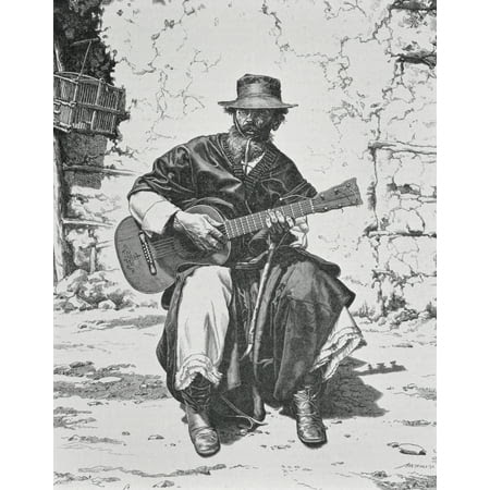 Argentina Gaucho Playing The Guitar Mid 19Th Century Engraving Canvas Art - Ken Welsh Design Pics (12 x 16)