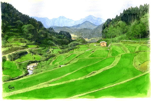 水のある風景 トレース水彩画