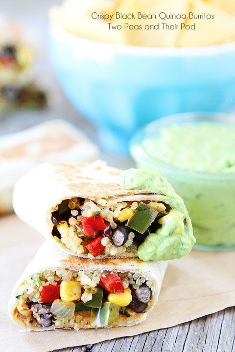 Crispy Black Bean Quinoa Burritos with Avocado Dipping Sauce on twopeasandtheirpo... #recipe