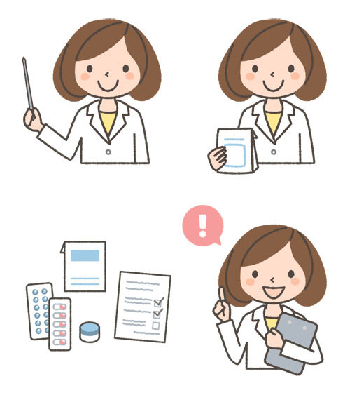 無料素材 カルテや支持棒などを持った女性の薬剤師さんのイラスト4種類セット