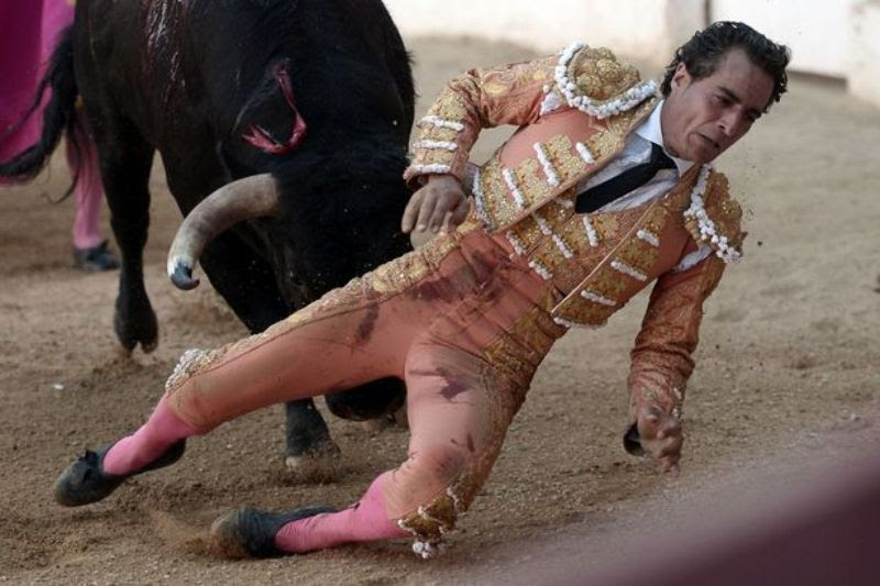 Matador Spanyol, Ivan Fandino diusuk tanduk banteng lawannya dalam pertarungan Corrida de Fetes di Aire-sur-l'Adour, Prancis, 17 Juni 2017. (Foto: AFP)