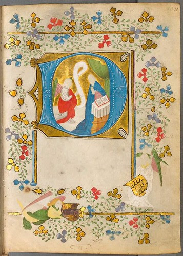 Large incomplete illuminated initial with scenic insert and foliage