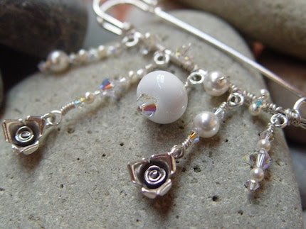 Frostwind Fine Silver and Swarovski Pearl Brooch Pin.