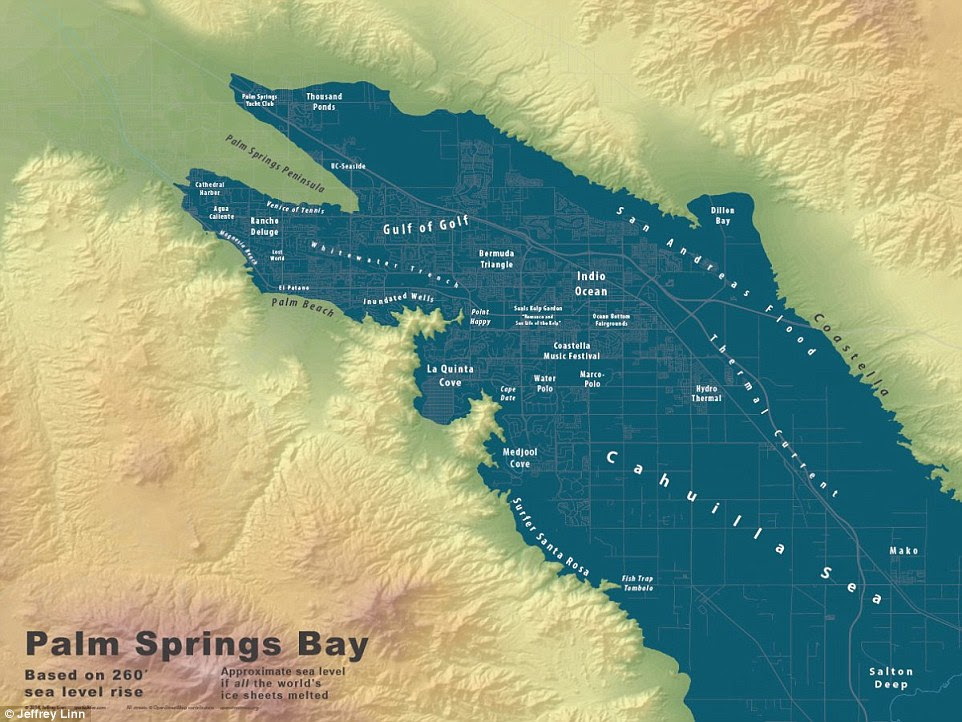 Linn has created maps for more inland areas, as well, including Palm Springs, California, which he puts under 260 feet of water