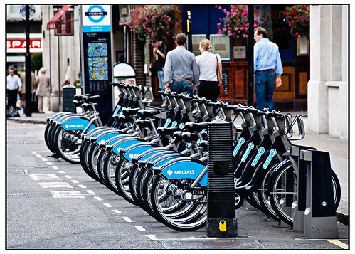 Dock Bikes at Barclays Cycle Hire by swanksalot on Flickr.  Used by Creative Commons.