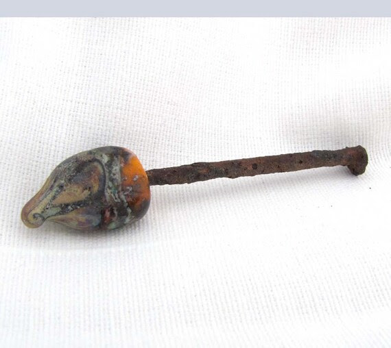 Found Object Rusty Nail Lampwork Altered Art Pendant Piece Mustard Yellow and Crusty Metallics