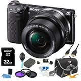 Sony NEX-5TL/B NEX5TL NEX5T NEX5 Compact Interchangeable Lens Digital Camera with 16-50mm Power Zoom Lens ULTIMATE BUNDLE with 32GB High Speed Card, Spare Battery, Deluxe Filter Kit, Mini HDMI cable, SD card reader, Padded case + More!
