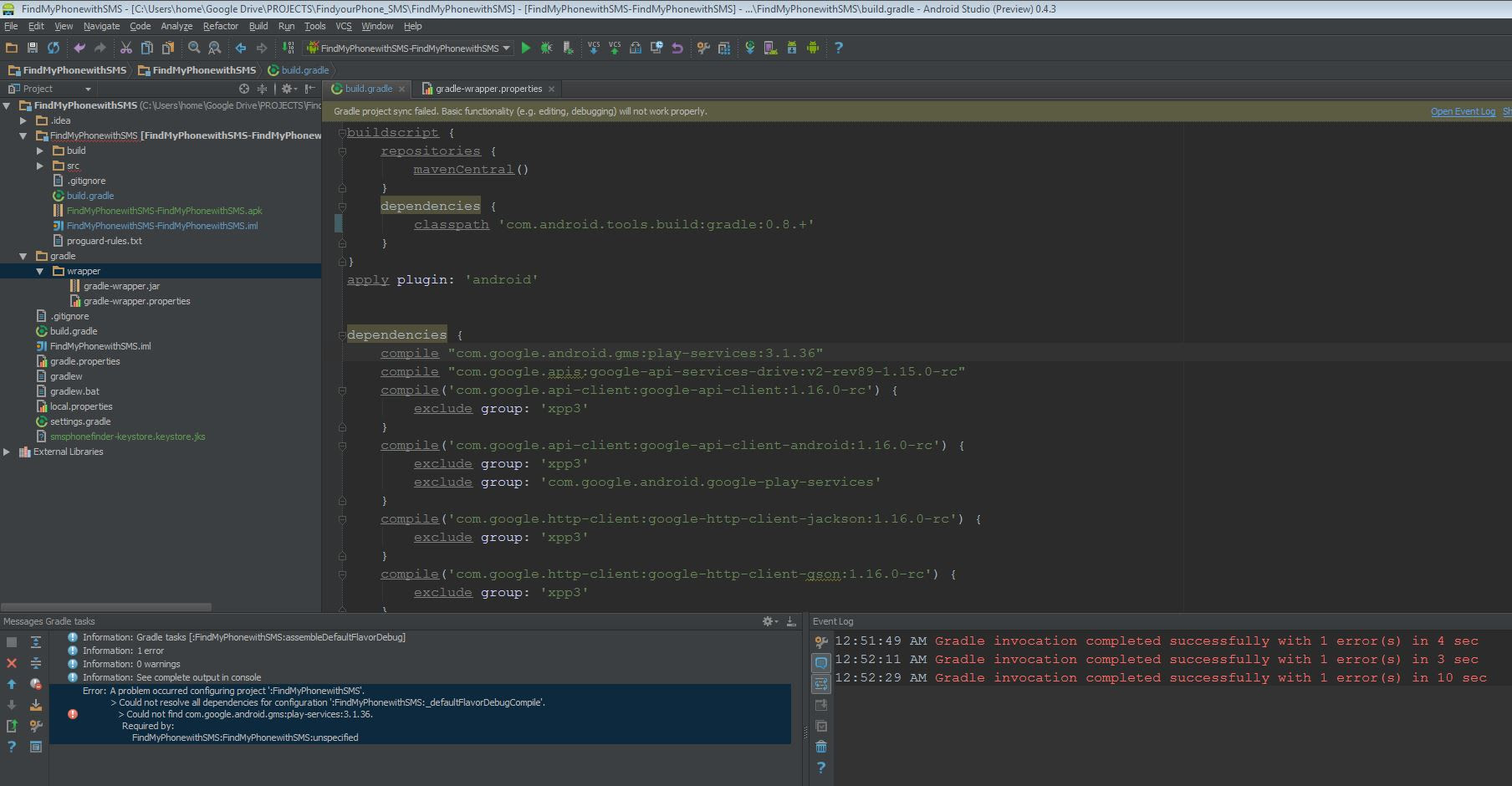 ... Android Studio 0.4.3 (problem with 0.4.2 also I believe). My error and
