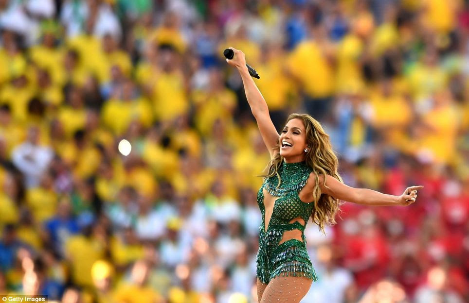Jennifer Lopez wore a sparkling leotard as she sang the official FIFA World Cup song 'We Are One (Ole Ola)' alongside Pitbull and Claudia Leitte