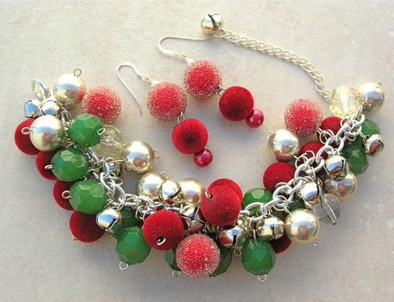 HOLIDAY BAUBLES & BELLS, handmade beaded bracelet set