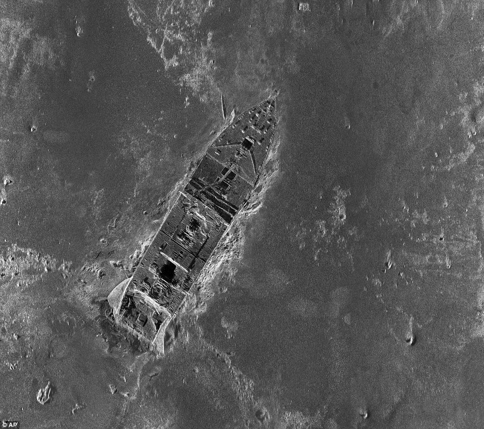 New detail: Researchers have pieced together what is believed to be the first comprehensive map of the entire 3-by-5-mile Titanic debris field. This image shows the main body of the vessel