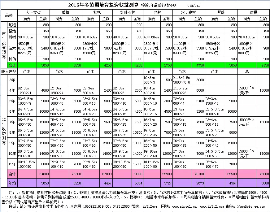 16年冬苗圃培育投资收益测算 随州市天锥苗木种植专业合作社