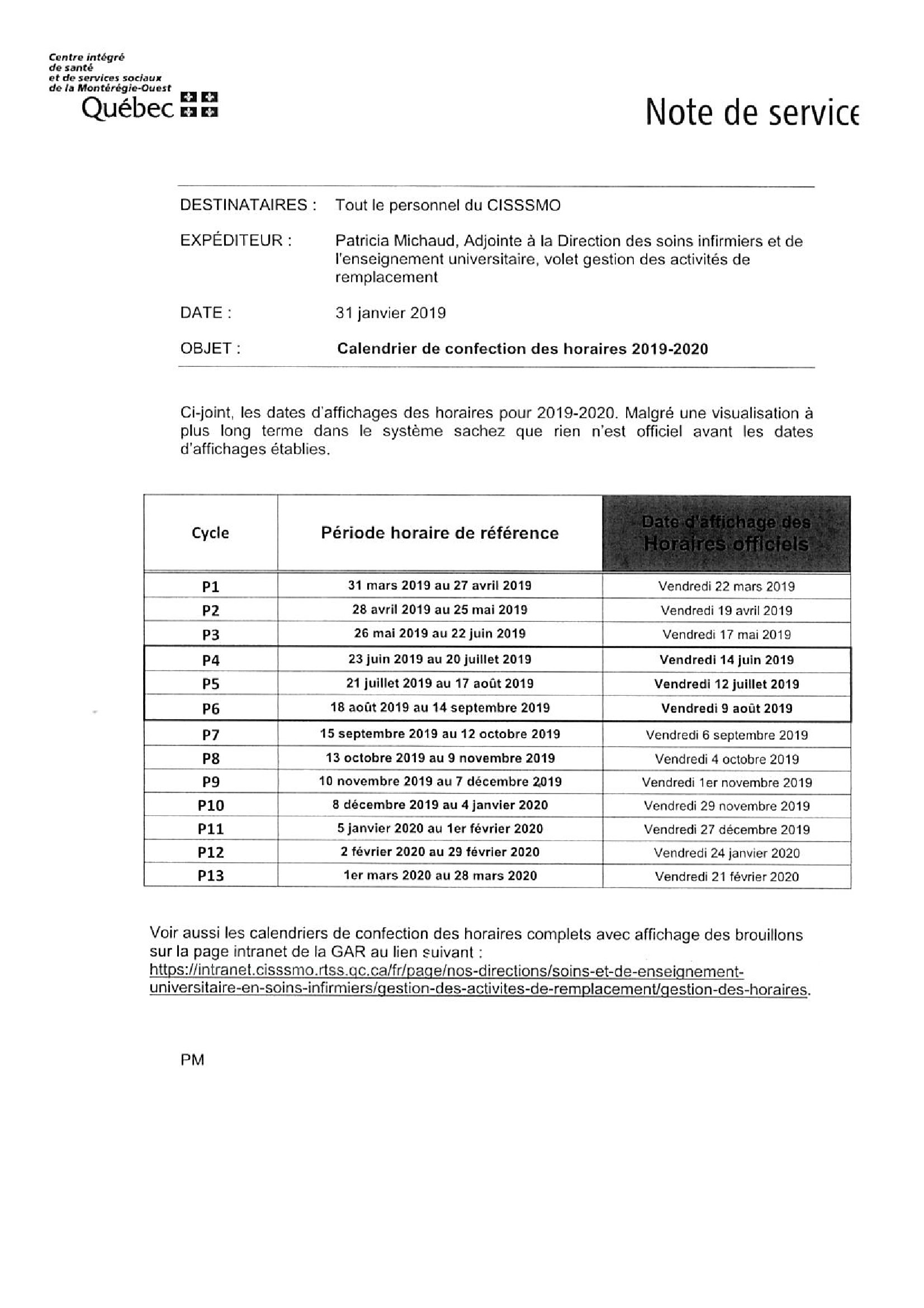 Note De Service Calendrier De Confection Des Horaires 2019 2020