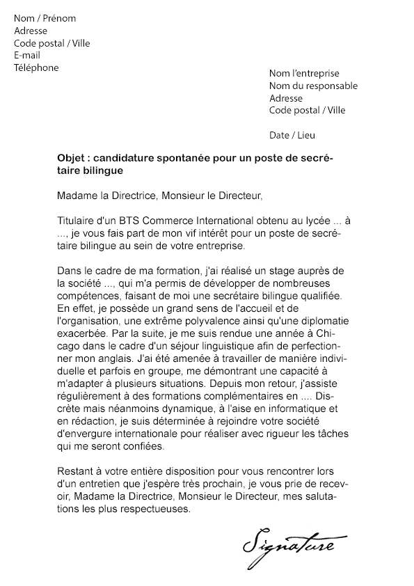 Lettre de motivation Secrétaire Bilingue - Modèle de Lettre