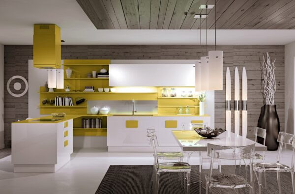 This kitchen really brightens things up with open cabinets of sunny yellow for a distinctly modern vibe.