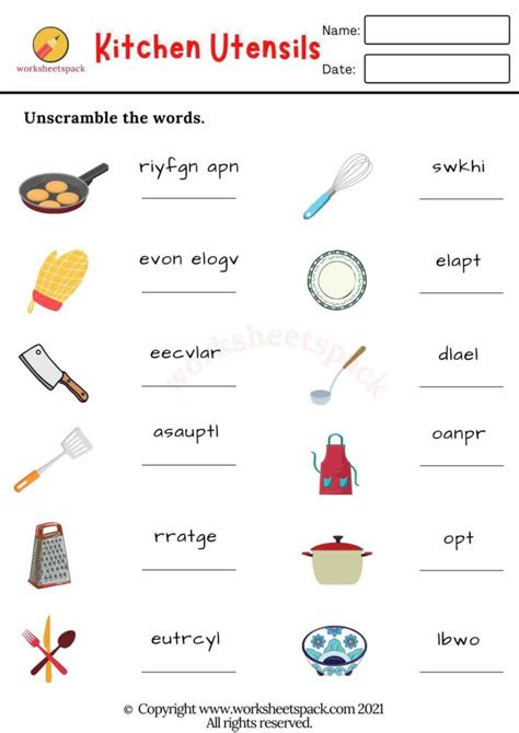 Children sack color an apron, jar, pan, whisk, pot, sugar, rolling pin, mixture bowl, and oven paws. kitchen utensils vocabulary worksheets worksheetspack