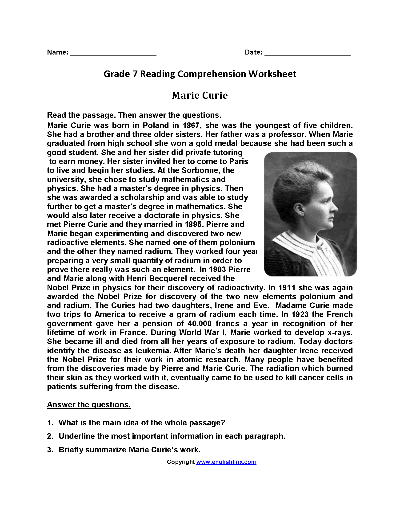 Reading Worksheets | Seventh Grade Reading Worksheets