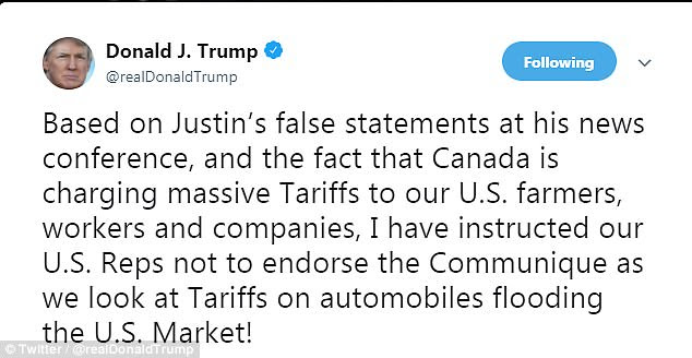 Donald Trump fired off an angry tweet tearing up the G7 agreement which had been painstaking thrashed outÂ 
