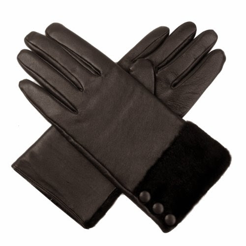 Luxury Lane Women's Cashmere Lined Lambskin Leather Gloves with Rabbit Fur Cuffs and Buttons - Chocolate Medium