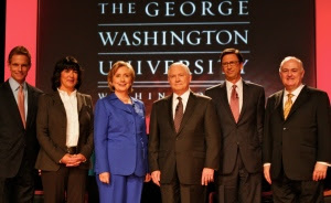 L to R: GWU Board of Trustees Chairman Russell Ramsey, CNN's Christiane Amanpour, Secretary of State Hillary Clinton, Secretary of Defense Robert Gates, SMPA Director Frank Sesno, GW President Steven Knapp