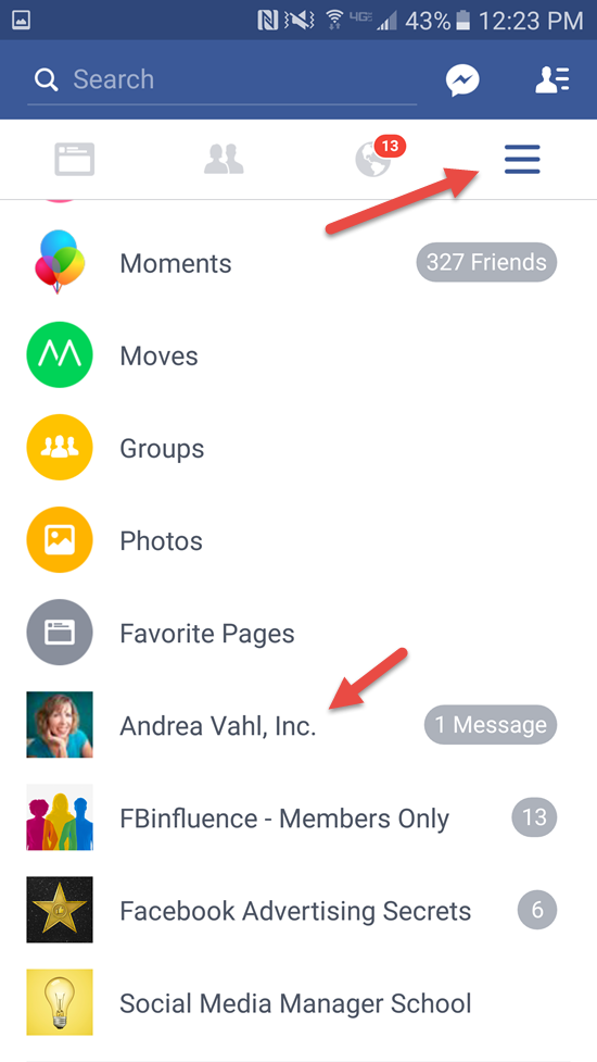 Navigate to Facebook Page on Mobile phone