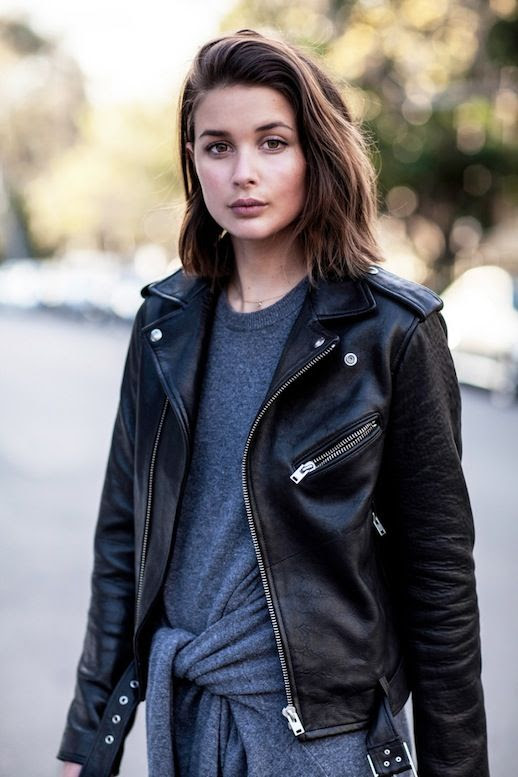 Le Fashion Blog Fall Leather Moto Jacket With Belt Dark Grey Tie Front Sweater Dress Via Harper And Harley