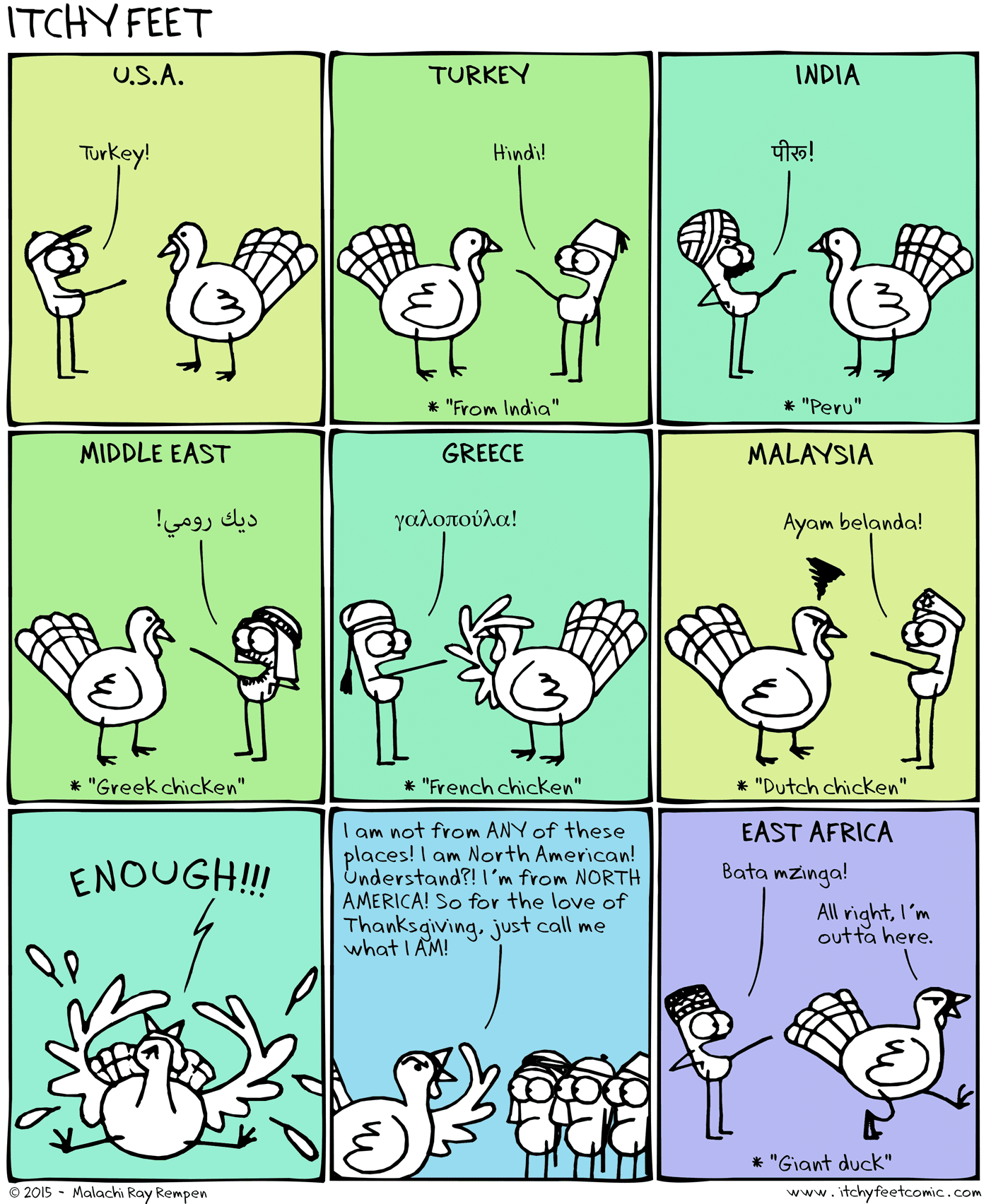 A turkey goes by many names all over the world, but it is not from any of those places.