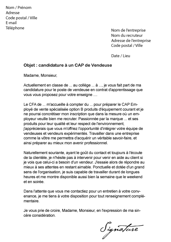 Lettre de motivation CAP Vente (Vendeuse) - Modèle de Lettre