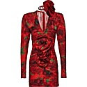 Olivia Culpo wearing Magda Butrym Ruched Long Sleeve Ruffle Dress in Red Floral Print