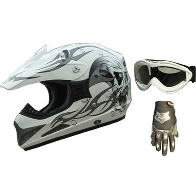 DOT ATV Motocross Helmet Dirt Bike Motorcycle 181 White/silver+gloves+goggles (XXL)