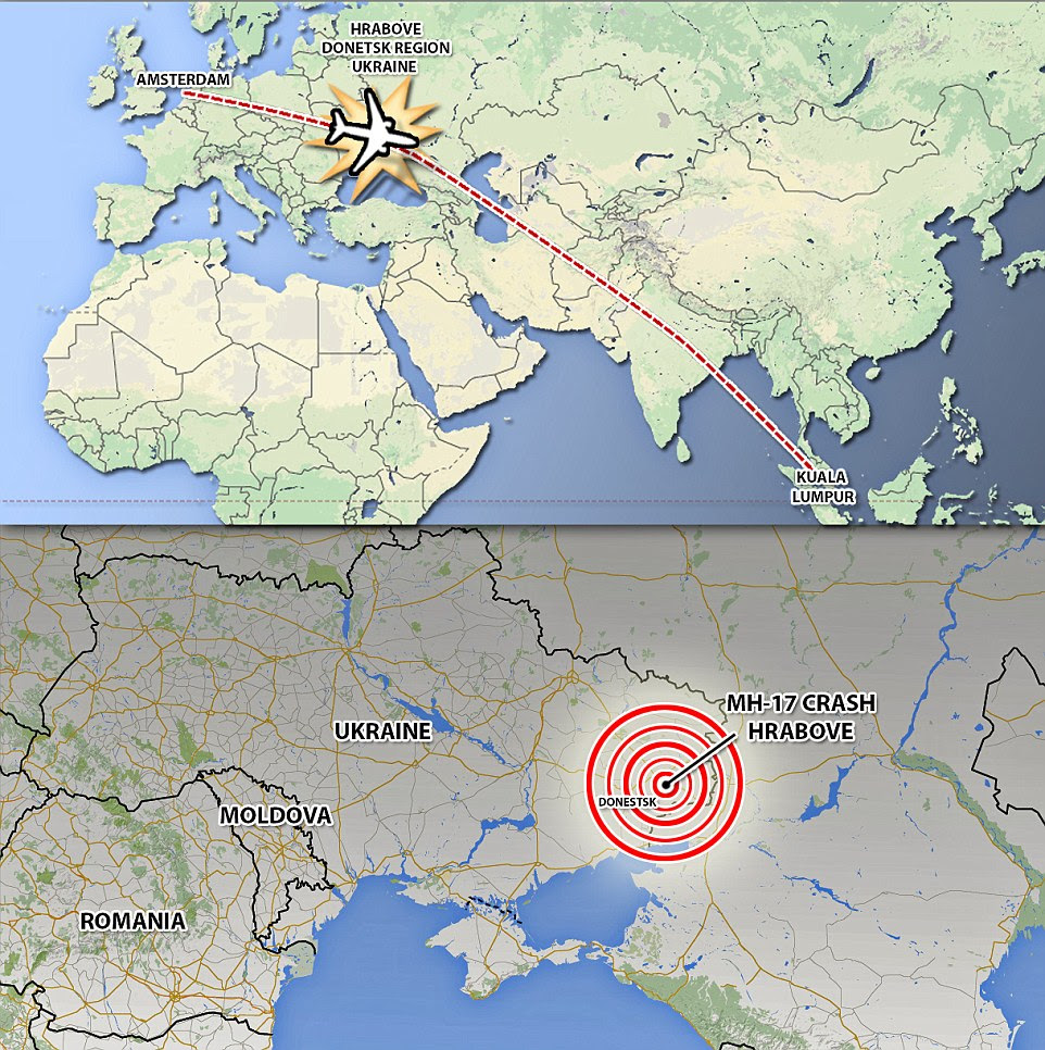 Path to disaster: A graphic showing the flight path of Malaysia Airlines MH17 after taking off from Amsterdam at lunchtime en route to Kuala Lumpur
