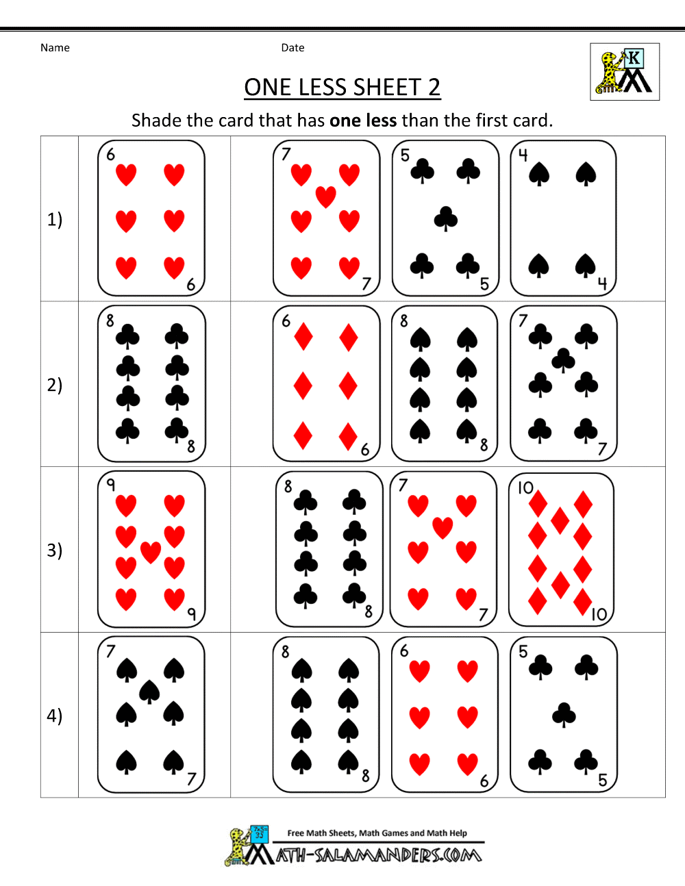 kindergarten math printable worksheets one less